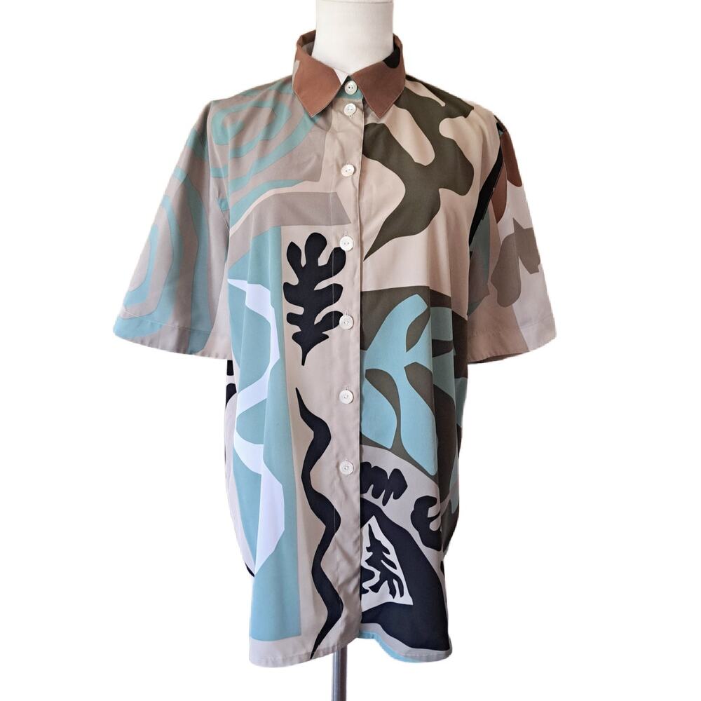 Vintage LOUIS FERAUD SET Short Sleeve Button Down Shirt Abstract Art Print Sz 12